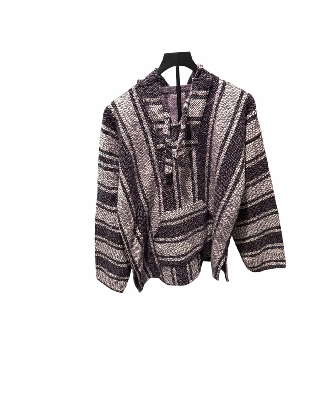 Striped Hooded Baja Poncho Sweater - Purple White